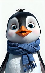 Adorable Animated Penguin with Vivid Blue Eyes and a Cozy Blue Winter Scarf.