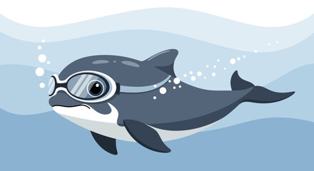 Cartoon Orca Submerged in Water with Swimming Goggles for Underwater Fun