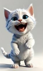 Exuberant 3D Animated White Kitten with a Wide Toothy Grin and Big Blue Eyes.