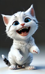 Exuberant White Cartoon Kitten with a Wide Toothy Smile and Red Claws.