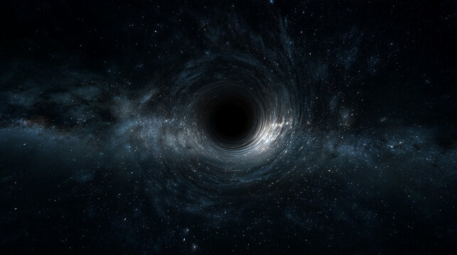 A massive black hole absorbing spacetime in the universe, creating a swirling distortion of light and matter around its dark, powerful core