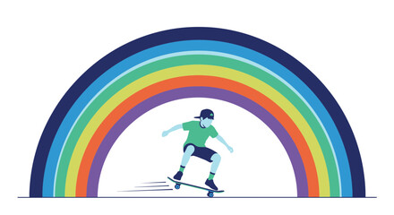 Colorful illustration featuring a skateboarder gliding under a vibrant rainbow