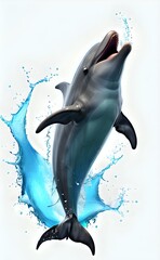 Ecstatic Dolphins Dynamic Breach with a Stylized Blue Water Splash.