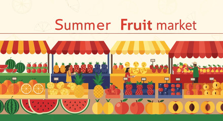 Colorful illustration of a summer fruit market with various stalls and vendors selling fresh produce such as watermelons and pineapples