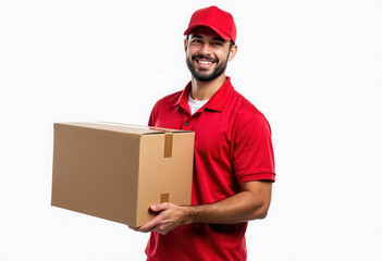 A courier in a red uniform holding a box on a white background
