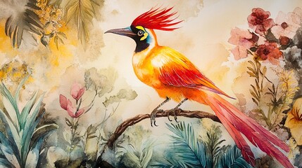 Vibrant Watercolor Painting of an Exotic Bird in a Lush Tropical Garden