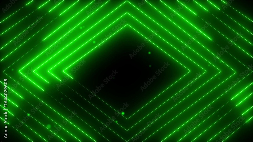 Poster green neon diamond pattern creating a tunnel effect on dark background geometric