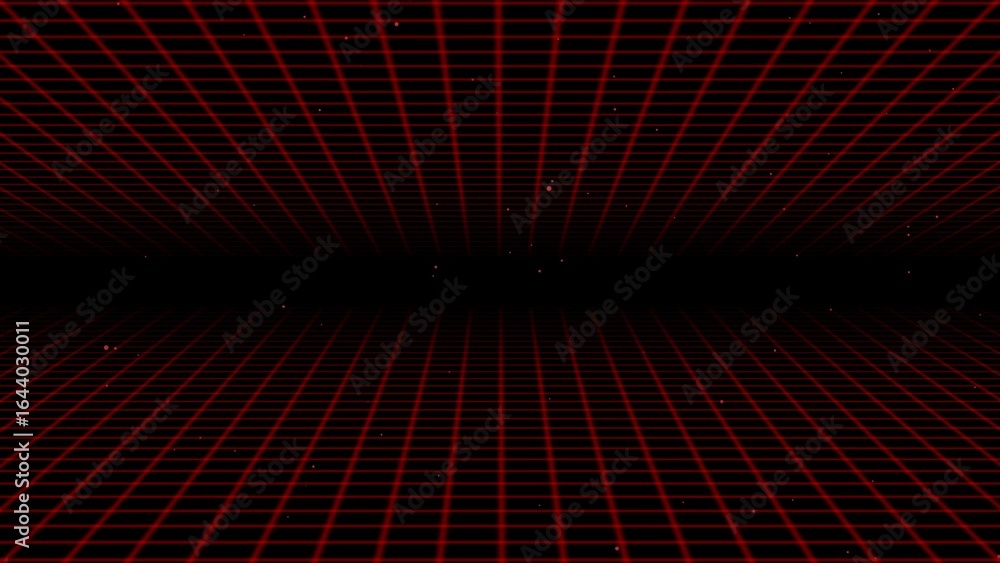Poster red wireframe grid perspective on black background with small white particles vanishing point
