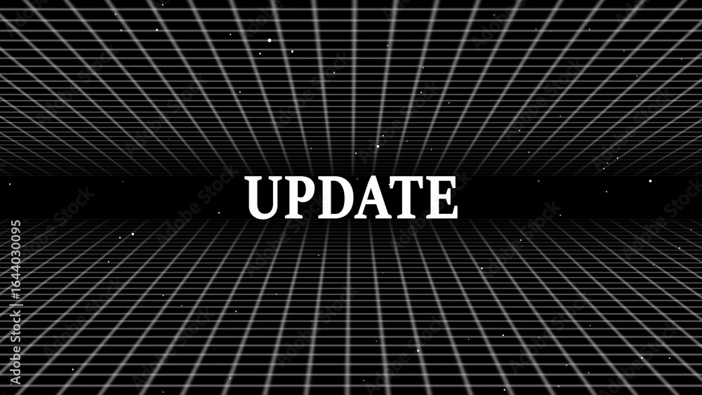 Poster white update text on a retro digital grid background with particles news information