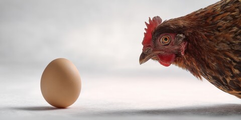 The chicken curiously examines the freshly laid egg beside it.