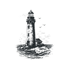 Sketch of a lighthouse on rocky shore with rough sea and birds