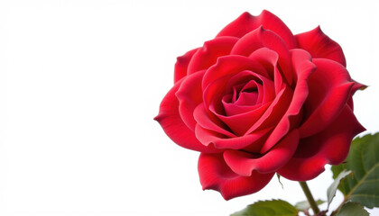 Red rose flower close up with green leaves isolated on white background showing natural beauty and delicate petals