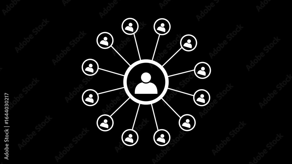 Poster white icon network of people connected in a circular diagram on black background connection icons