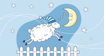 Counting sheep jumping over a fence under a crescent moon dreaming of sleep