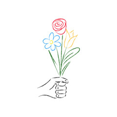 Bouquet of flowers in hand. Illustration for greeting card, banner, poster on the theme of Valentine's Day, Mother's Day, birthday, celebrations
