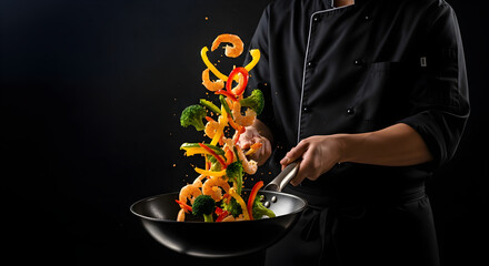 Professional chef tossing vegetables and shrimp in a wok on a black background