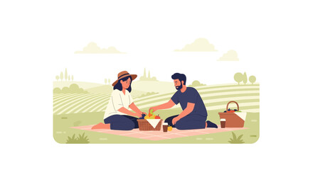 Couple enjoying a picnic in the countryside with wine and fruits for a relaxing day