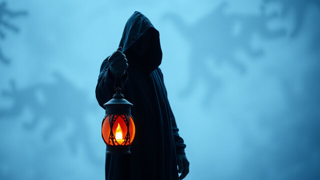 A cloaked figure holding a lantern in a foggy scene with trees visible in the background light