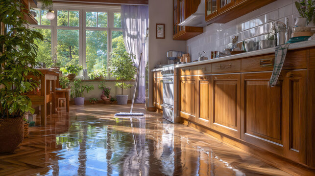 Bright and inviting kitchen interior with wooden cabinets, polished floor reflecting sunlight, plants adorning the space, and a mop resting on the floor, creating a warm and cozy atmosphere