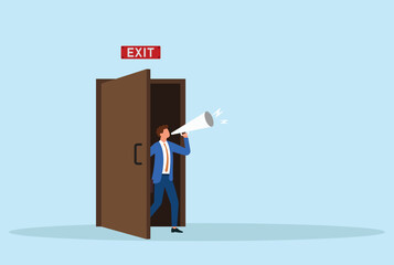 Vector illustration of a businessman standing in a doorway, announcing through a megaphone, symbolizing leadership, effective communication, and delivering important messages
