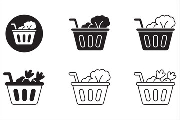 Collection of Black and White Icons for Vegetable Basket and Fresh Produce