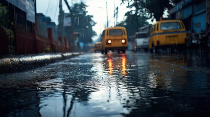Monsoon rain scene with reflections on road.
