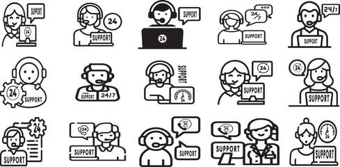 Customer support agents with headsets and computers offering assistance service help icons