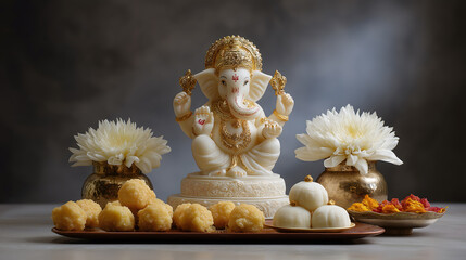 Lord Ganesh worshipped with laddoos modaks offerings in plate