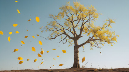 Bare Tree with Few Yellow Leaves Falling &ndash; Elegant Minimal Autumn Illustration Capturing Seasonal Change, Nature&rsquo;s Transition, and Falling Leaves