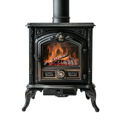 iron burning indoor stove fireplace, Indoor iron stove fireplace with flames burning brightly, isolated on transparent background