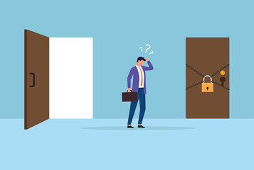 Vector illustration of a confused businessman standing between an open door and a locked door, representing indecision, choices, and uncertainty in business or career paths
