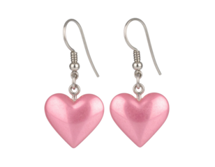 Pair of Pink Heart Shaped Earrings with Silver Hooks, Close-Up, Isolated on Transparent Background