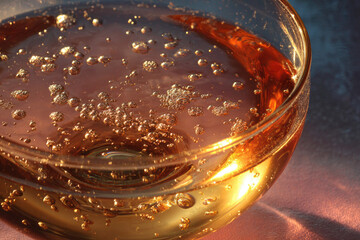 semicircular bowl with champagne wine liquid sparkling bubbles warm dawn air water drink