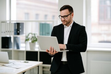 Fototapeta premium Confident businessman in suit working on laptop in modern office, showcasing technology and productivity