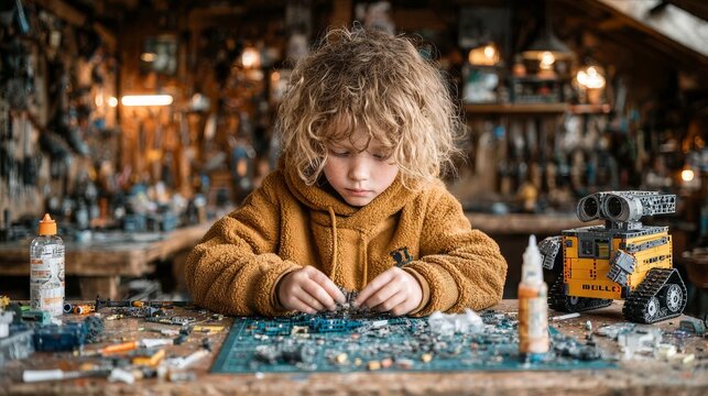 Young boy building a small mechanical model in a workshop with a yellow WALL-E style robot on the table surrounded by tools and components