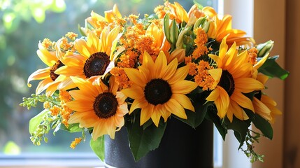 Radiant Sunflowers in a Black Vase: A Summer Bouquet