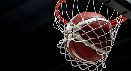 Basketball ball falling into a basketball hoop net against a black background