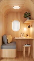 Floor Plan Tiny House Cozy Minimalist Workspace with Natural Wood Design