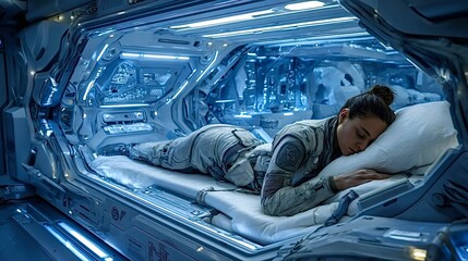 Astronaut sleeping peacefully in futuristic spaceship bedroom