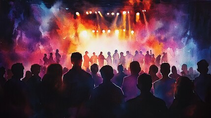 A Watercolor Concert: Captivating Crowd Silhouettes Under Vivid Stage Lights