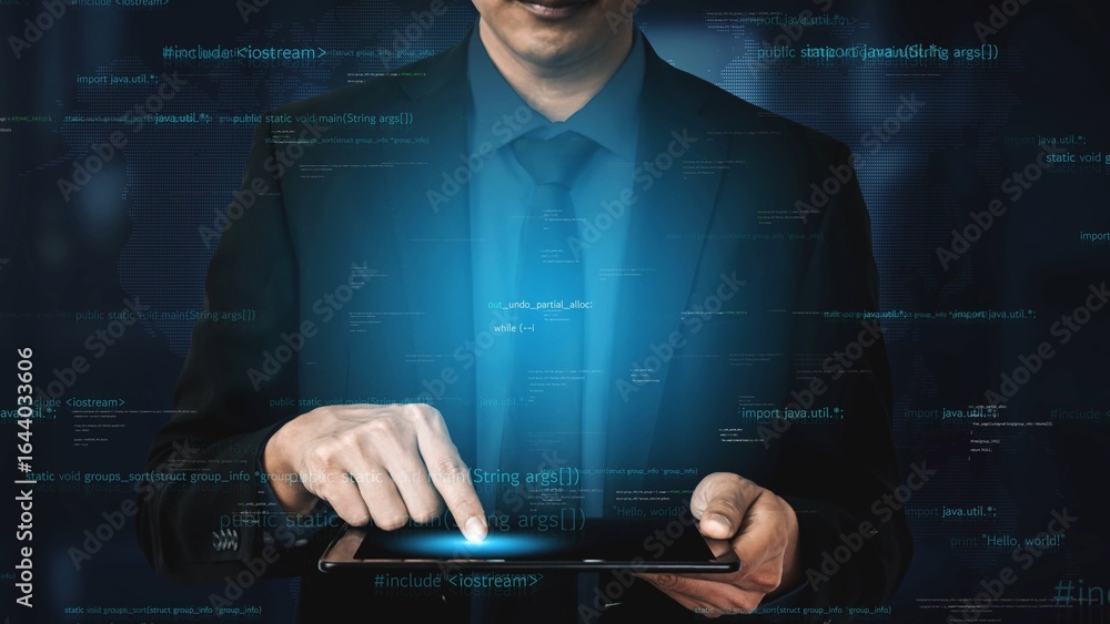 Poster a businessman in a suit interacts with a tablet surrounded by digital coding elements, symbolizing i