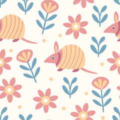 Cute armadillo and flower seamless pattern in pastel colors animal