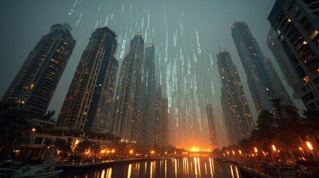 Modern skyscrapers by the waterfront under a surreal digital binary code rain at sunset, futuristic cityscape with illuminated streets and reflections