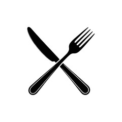 Crossed knife and fork icon symbolizing dining utensils black and white vector silhouette art