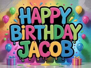 Colorful Happy Birthday Jacob poster with balloons and gifts. Festive party decoration background