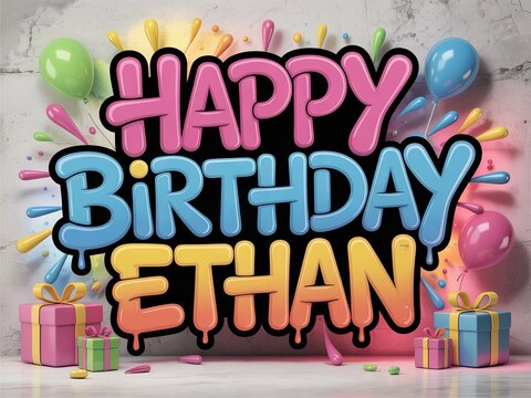 Colorful Happy Birthday Ethan poster with balloons and gifts. Festive party decoration&nbsp;background