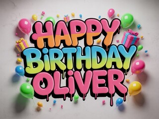 Colorful Happy Birthday Oliver poster with balloons and gifts. Festive party decoration background