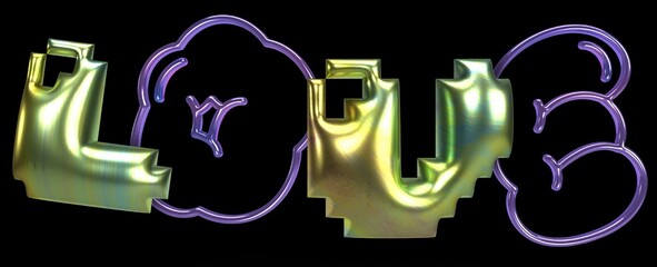 3d render of a glowing neon sign symbol made of spheres, Sculptural 3D lettering spelling LOVE, with inflated metallic gold surfaces and neon violet outlines. A bold fusion of street and digital art