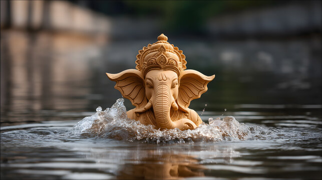 Lord Ganesh idol being immersed into holy river - Ganesh Nimarjan Visarjan concept