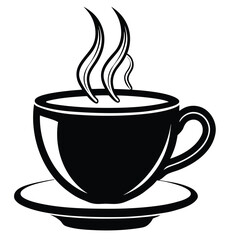 An illustrated icon of a hot coffee mug on a saucer with steam